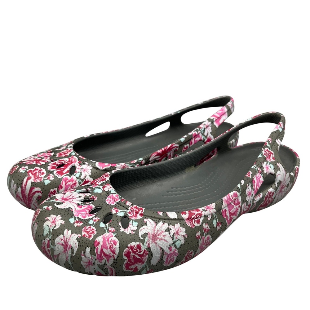 Crocs Kadee Floral Slingback Flats Womens 10 Gray Pink Rose Comfort